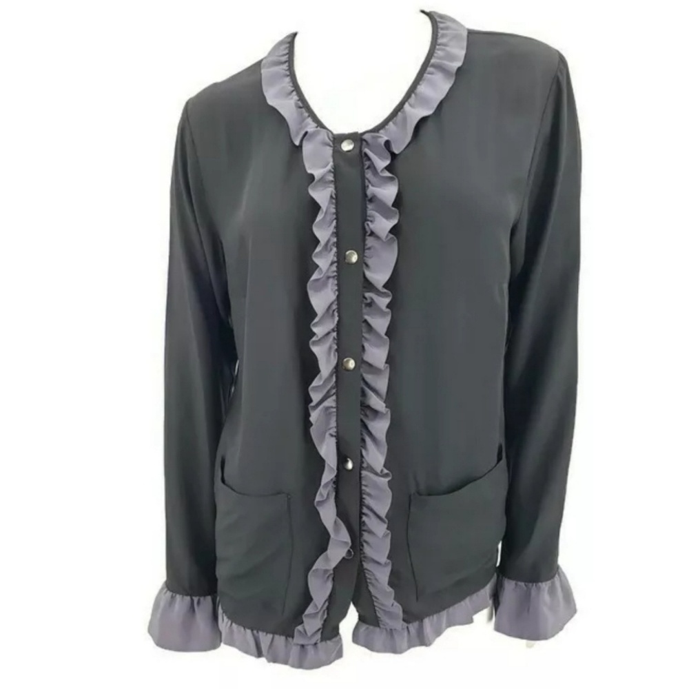 Gold Hawk Black Silk Grey Ruffle Blouse